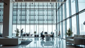 Professional commercial office building interior with modern furniture, large windows with natural light, polished floors, and minimalist desk setup. Corporate employee working in clean, organized workspace.