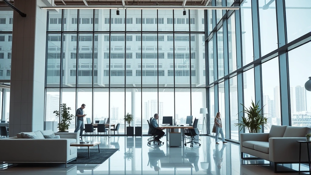 Professional commercial office building interior with modern furniture, large windows with natural light, polished floors, and minimalist desk setup. Corporate employee working in clean, organized workspace.