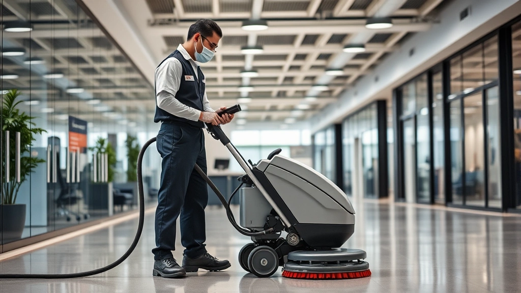 Cleaning technician in professional uniform using advanced equipment in modern commercial facility. Person wearing protective gear operating floor care machinery in spacious office or retail environment.