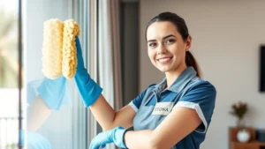 Professional female cleaning technician in uniform using microfiber cloth on glass surface, modern residential interior, natural light, confident expression, high-quality detail