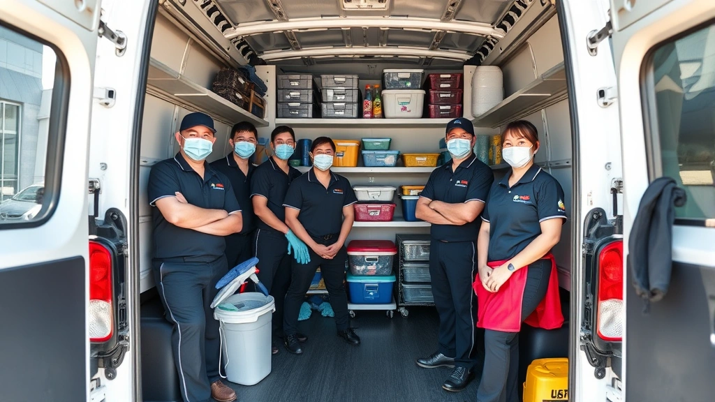 Team of cleaning professionals in matching uniforms organizing supplies in commercial vehicle, organized shelving, professional equipment, daylight exterior shot