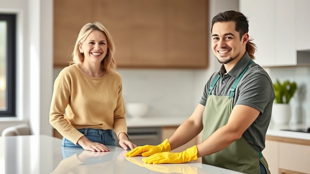 Satisfied customer smiling while professional cleaner demonstrates spotless kitchen countertop, modern home interior, bright lighting, quality and trust evident