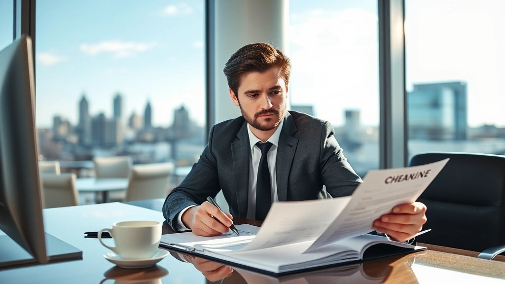Professional business owner reviewing financial documents and closure checklist at modern desk with coffee, serious focused expression, natural office lighting, Nashville skyline visible through window