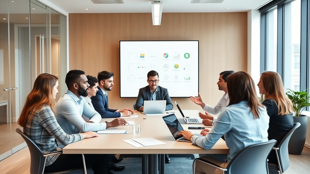 Team meeting in modern conference room with diverse professionals discussing business transition plans, collaboration and planning atmosphere, minimalist office design