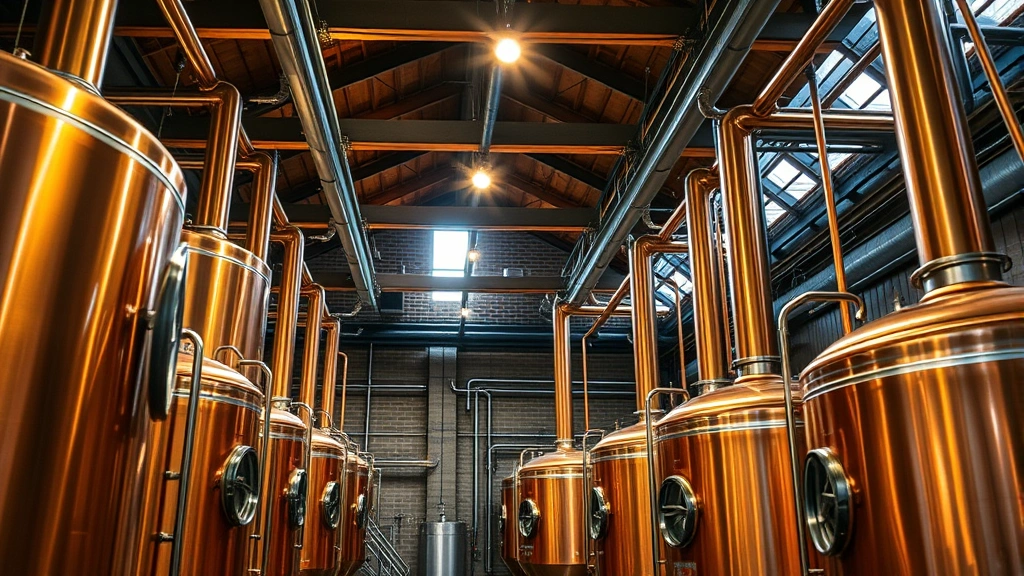 Professional brewery interior with copper fermentation tanks, warm lighting, wooden beams, master brewers monitoring equipment, stainless steel pipes, traditional craftsmanship environment