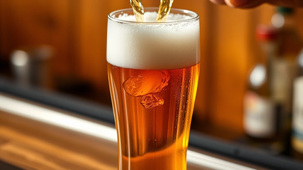 Golden beer being poured into classic glass, foam head forming, amber liquid catching light, wooden bar counter background, professional beverage photography