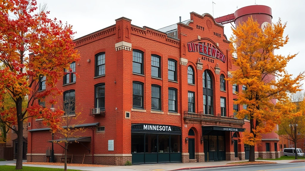 Historic brewery building exterior, red brick architecture, established signage, surrounded by Minnesota landscape, autumn trees, heritage industrial structure