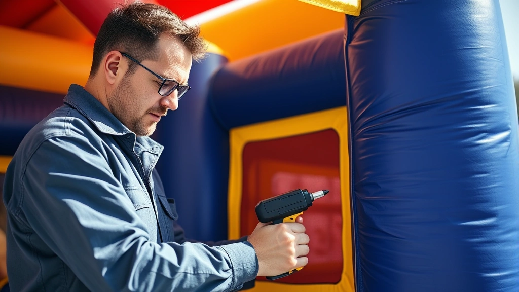 Experienced technician performing detailed safety inspection on commercial bounce house equipment, checking seams and structural integrity with professional tools, bright daylight, focused expression