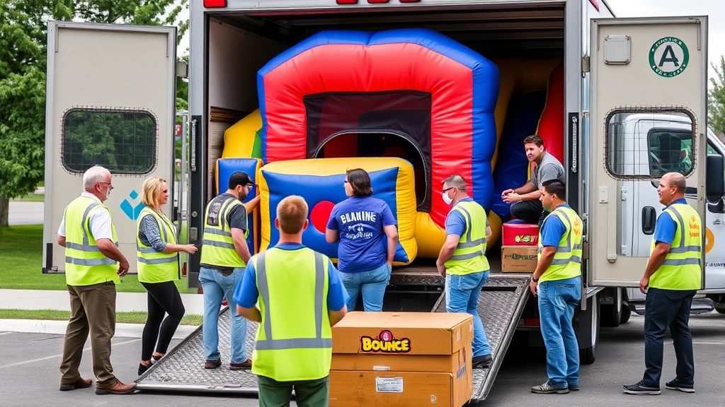 Diverse team of Colorado Bounce staff members preparing equipment for delivery, loading truck with multiple inflatable units, professional uniforms, community setting, collaborative energy