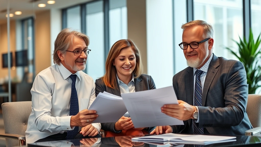 Professional middle-aged couple meeting with confident financial advisor in modern office setting, reviewing insurance documents, warm lighting, corporate environment