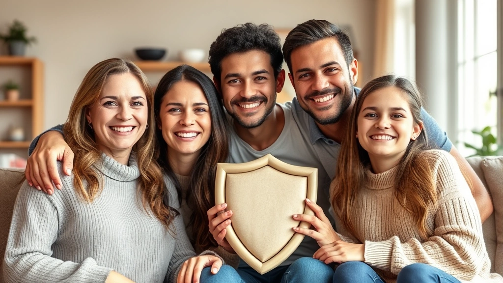 Diverse family of four smiling together in comfortable living room, natural daylight, warm atmosphere, representing security and protection symbolism