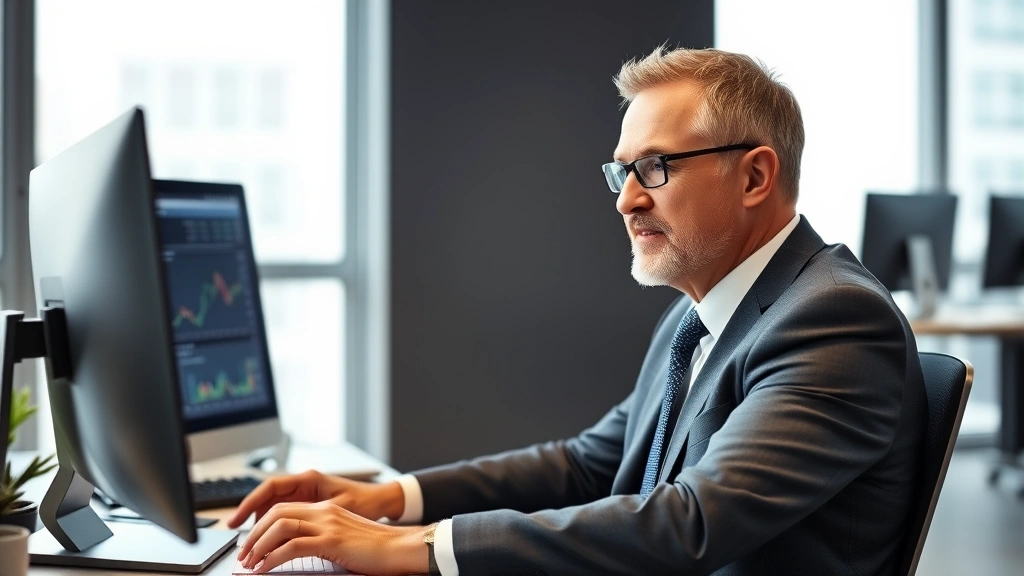 Senior male professional in business suit at desk working on computer with financial charts visible, focused expression, corporate office background