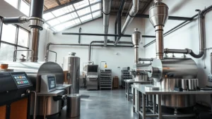 Professional specialty coffee roasting facility in Santiago Chile with modern equipment, stainless steel roasters, and quality control stations, bright natural lighting, contemporary industrial design