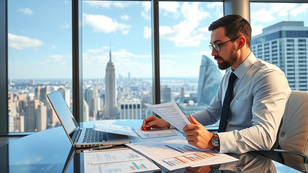 Professional businessman in modern Manhattan office reviewing financial documents and acquisition analysis spreadsheets on glass table, overlooking city skyline through floor-to-ceiling windows