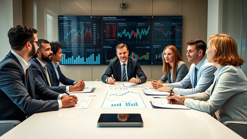 Diverse executive team in professional business attire conducting merger and acquisition meeting in contemporary conference room with financial charts and market data displayed