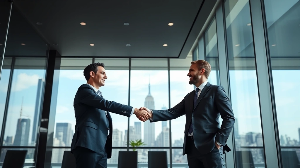 Sophisticated business professionals shaking hands in upscale New York office building lobby, concluding successful acquisition deal with city skyline visible in background