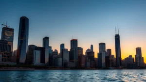 Modern Chicago skyline at sunset with illuminated corporate office buildings and Lake Michigan in foreground, professional business district atmosphere