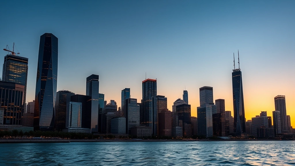 Modern Chicago skyline at sunset with illuminated corporate office buildings and Lake Michigan in foreground, professional business district atmosphere