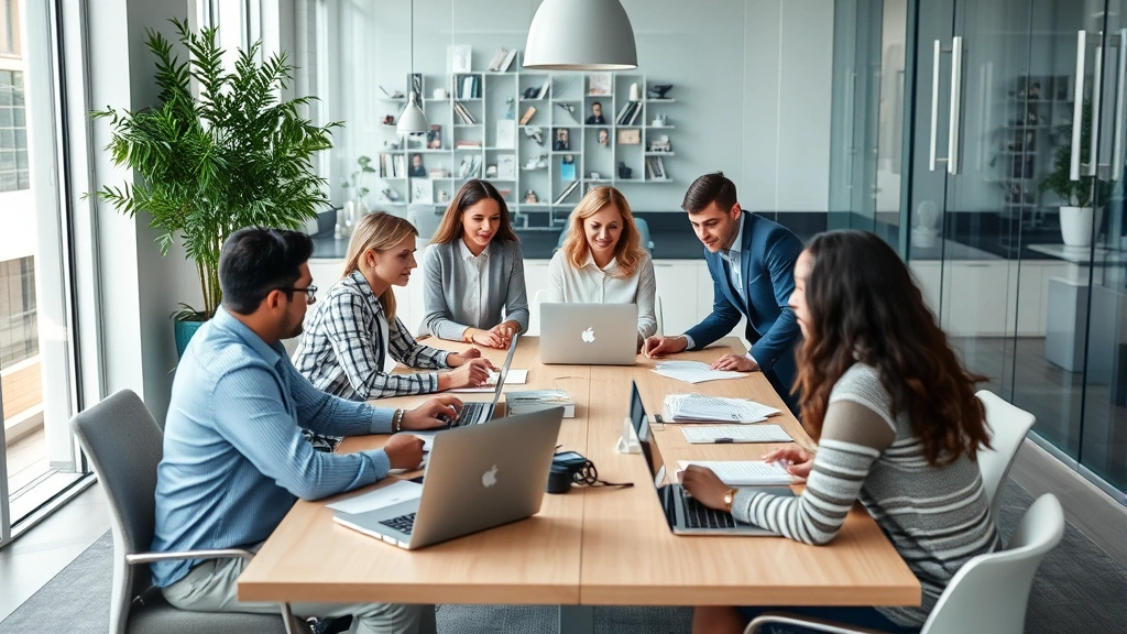 Diverse team of business professionals in modern office environment collaborating around conference table with laptops and documents, contemporary workplace