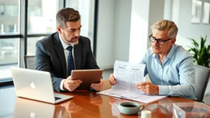 Professional financial advisor consulting with client at modern office desk, reviewing loan documents and comparing interest rates on tablet computer, natural lighting, serious focused expressions