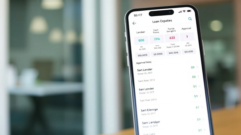 Modern mobile banking interface displayed on smartphone showing loan comparison dashboard with multiple lender options, APR rates, and approval timelines, clean minimalist design, professional setting