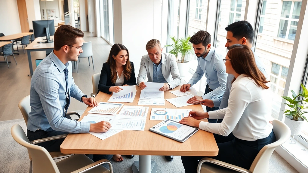 Diverse group of professionals in business casual attire collaborating around conference table with financial charts and loan comparison spreadsheets, discussing borrowing strategy, bright contemporary office environment