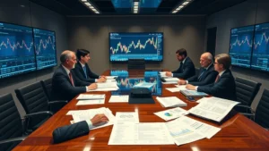 Professional corporate boardroom setting with executives and financial analysts reviewing IPO prospectuses and market analysis documents spread across polished conference table with multiple computer monitors displaying stock charts and financial data