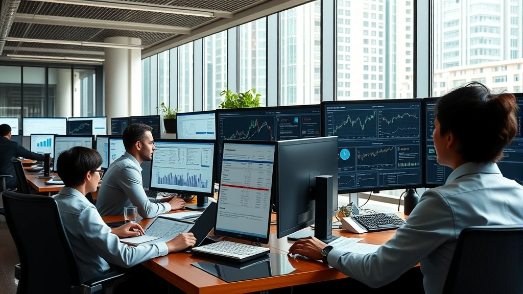 Modern financial district office environment with business professionals of mixed backgrounds working at desks with multiple monitors, reviewing financial reports and market analyses, natural daylight from large windows, professional corporate aesthetic