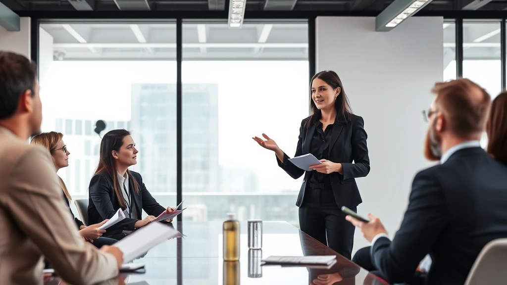 Professional woman in business attire leading a corporate training workshop in modern office conference room with engaged colleagues taking notes and participating