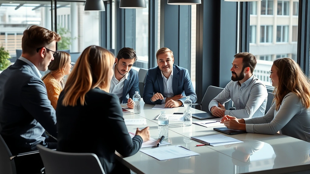 Team of corporate employees in casual business meeting discussing ideas around modern conference table with natural lighting from large office windows