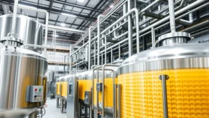 Industrial vegetable oil processing facility with large stainless steel tanks, pipes, and control systems in a modern manufacturing plant environment