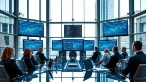 Executive boardroom with multiple monitors displaying financial dashboards and stock market data, professional business attire, modern glass and steel architecture, natural daylight from floor-to-ceiling windows, neutral color palette with blue and gray tones