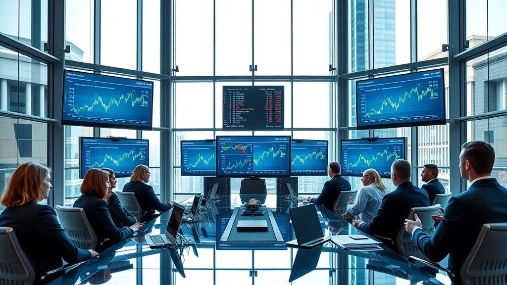 Executive boardroom with multiple monitors displaying financial dashboards and stock market data, professional business attire, modern glass and steel architecture, natural daylight from floor-to-ceiling windows, neutral color palette with blue and gray tones