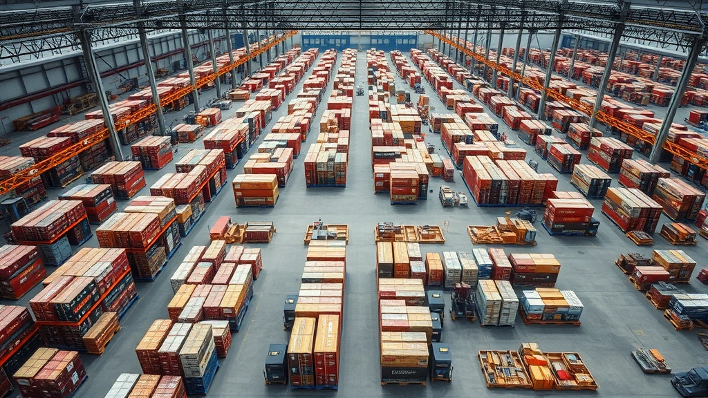 Aerial view of massive distribution warehouse with hundreds of labeled shipping containers, organized logistics operations, industrial infrastructure, natural lighting, rows of organized inventory systems and loading docks