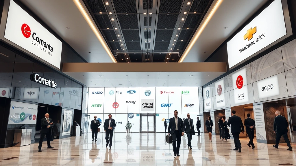 Corporate office lobby with sleek modern design, multiple company logos on walls, business professionals in suits walking through marble and glass spaces, contemporary architecture, professional atmosphere, corporate headquarters aesthetic