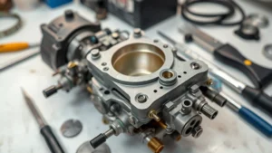 Close-up of a disassembled Mikuni carburetor with precision tools on a clean workbench, showing internal components like jets, diaphragms, and needle seats laid out systematically for inspection and rebuilding