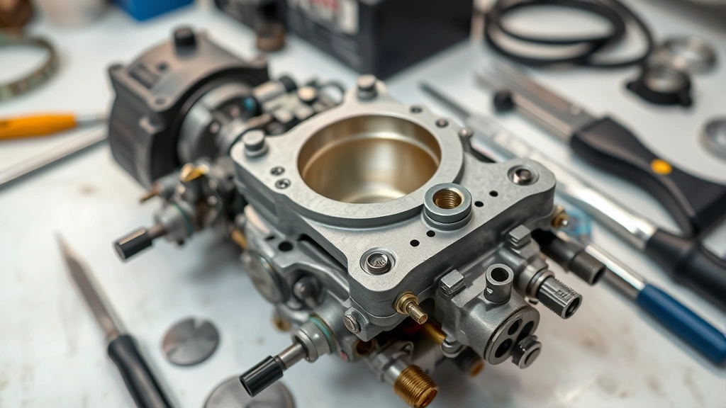 Close-up of a disassembled Mikuni carburetor with precision tools on a clean workbench, showing internal components like jets, diaphragms, and needle seats laid out systematically for inspection and rebuilding