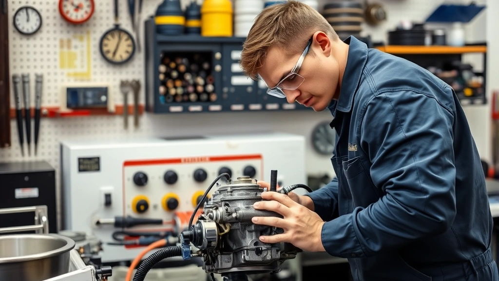 Professional marine mechanic wearing safety glasses working on a carburetor at a well-organized workstation with ultrasonic cleaning equipment, specialized measuring instruments, and organized parts storage in the background