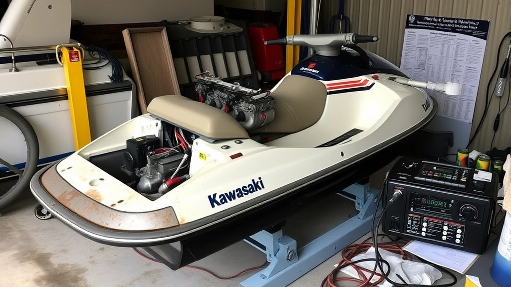 A vintage Kawasaki JS550 jet ski on a marine lift dock during restoration, showcasing the carburetor area with professional diagnostic equipment and technical documentation visible nearby