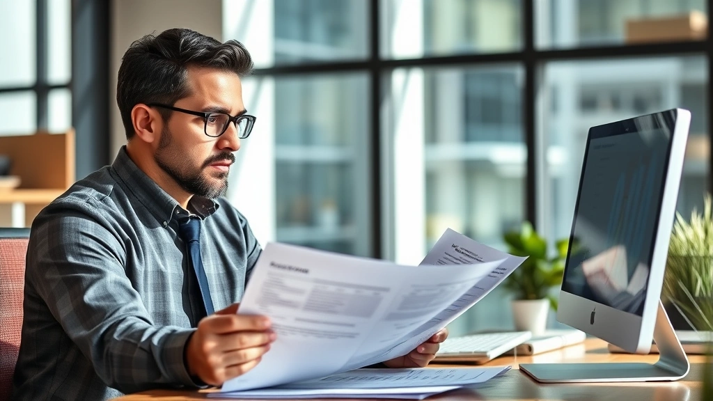 Professional businessman reviewing pension documents and financial statements at modern office desk with computer, serious focused expression, contemporary business setting with natural lighting