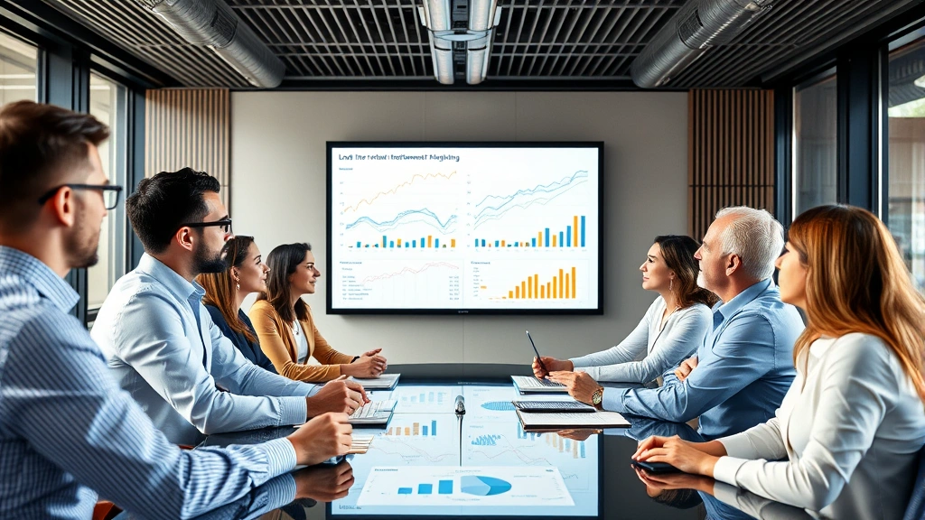 Diverse group of corporate executives in conference room examining long-term retirement planning charts and graphs on large display, collaborative business environment, modern corporate interior