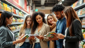 Professional diverse group of consumers examining product labels in modern grocery store, thoughtful decision-making expressions, natural lighting highlighting packaging details