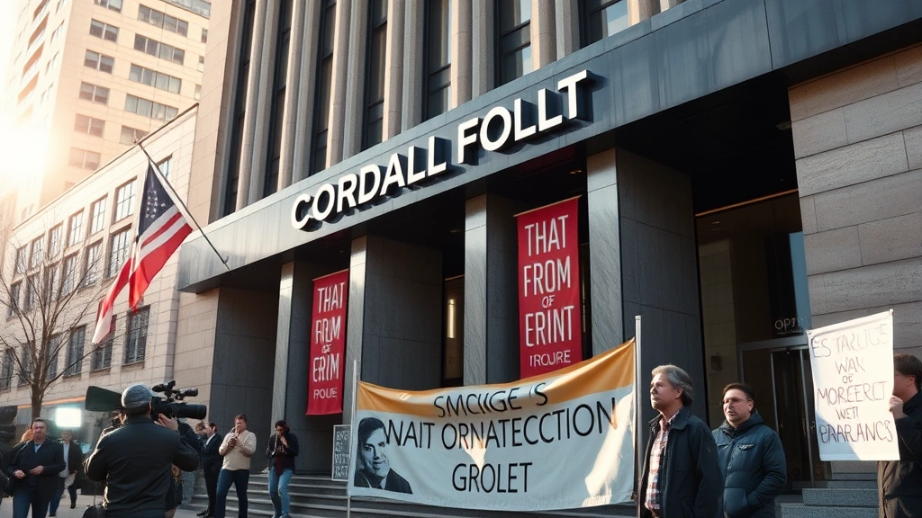 Corporate headquarters building with protest banners visible, journalists and activists outside, urban setting with morning light, serious atmosphere of accountability