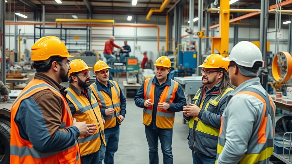 Group of workers in manufacturing facility discussing labor practices, safety equipment visible, collaborative environment suggesting worker empowerment and fair treatment