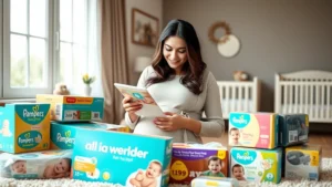 Professional expectant mother reviewing baby product samples at home, surrounded by organized boxes and packages from major brands like Pampers and Gerber, natural lighting through windows, modern nursery visible in background, warm and welcoming atmosphere