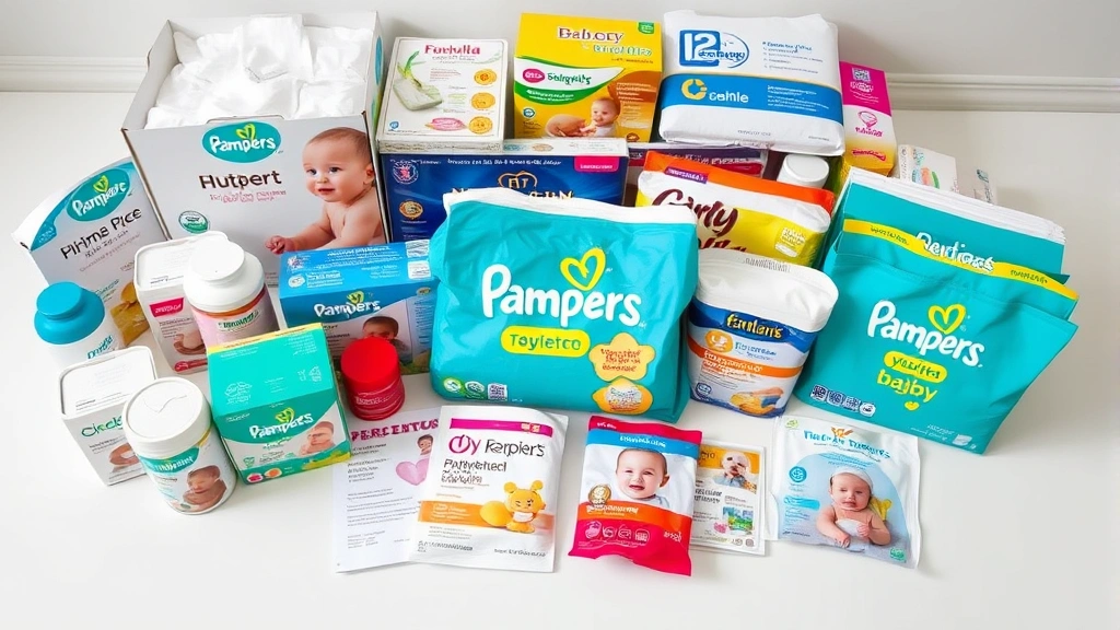 Close-up of organized baby registry checklist and free sample collection including diapers, formula, and baby care products neatly arranged on a clean white surface, showing product diversity and quantity from multiple companies