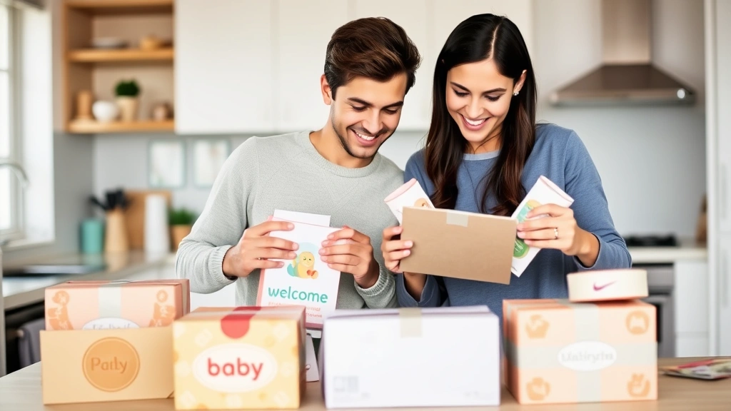 Young parents unpacking welcome gift boxes from baby brands, examining products together in a bright modern kitchen, multiple branded boxes visible, genuine happiness and appreciation on their faces, natural family moment captured