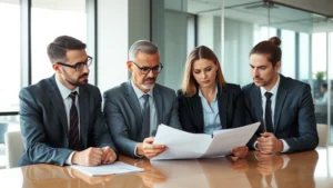 Professional business team in modern office conference room, reviewing documents together, serious focused expressions, natural lighting from large windows, corporate environment