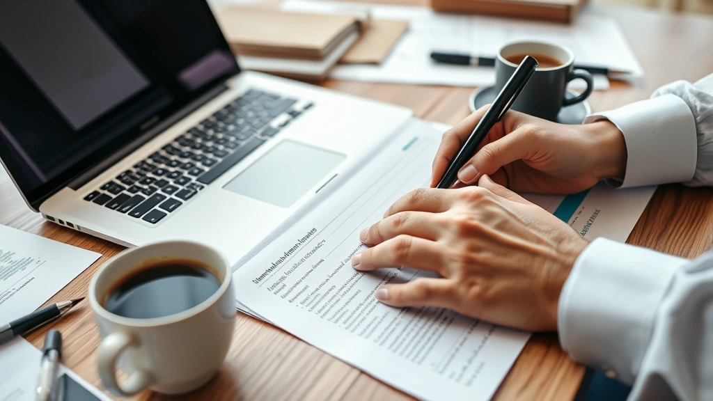Close-up of business professional writing notes at desk with laptop and coffee, hands visible on keyboard, organized workspace with business documents, professional attire