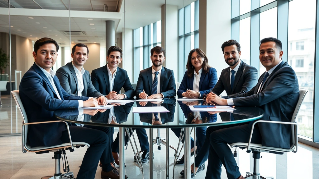 Diverse group of business executives in formal meeting, discussing strategy around glass conference table, modern corporate office building interior, confident professional demeanor